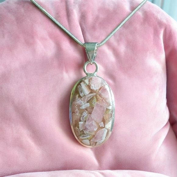 Rhodochrosite w/ Copper Inclusions Oval Pendant 925 Sterling Silver Necklace - Picture 5 of 9